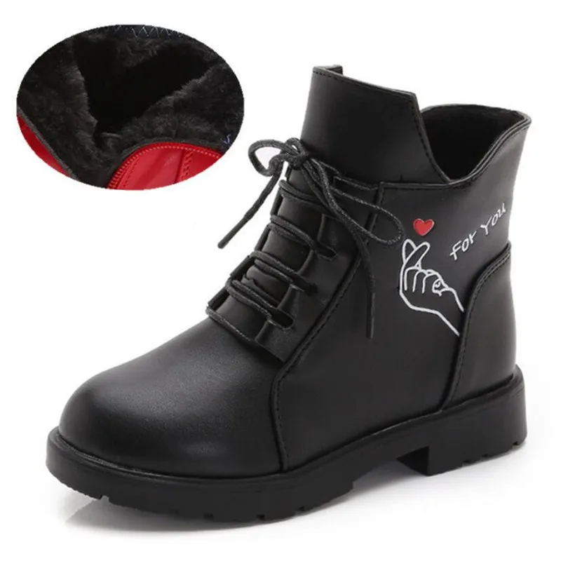 Ботинки для девочек; детские зимние ботинки; водонепроницаемые ботинки martin; ботильоны для детей; женские зимние ботинки на меху; цвет красный, черный - Цвет: Черный