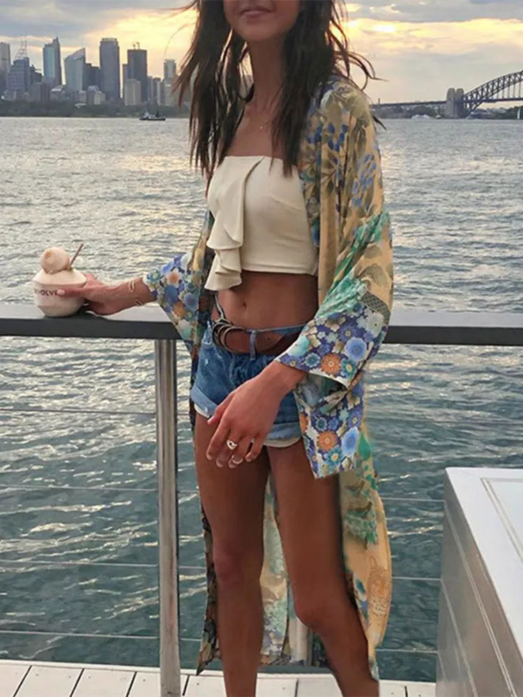 2021 Summer Fashion V Neck Long Sleeve Retro Print Dress Summer New Beach Cover Up Dress Women's Waist Straps Beach Long Dress lace bathing suit cover up