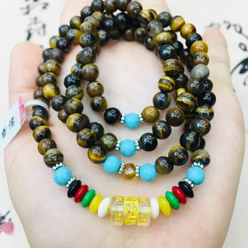 

Zheru Jewelry Pure Natural Tiger Eye Stone Jade Two-color 108 three-ring bracelet Men and women Send a certificate