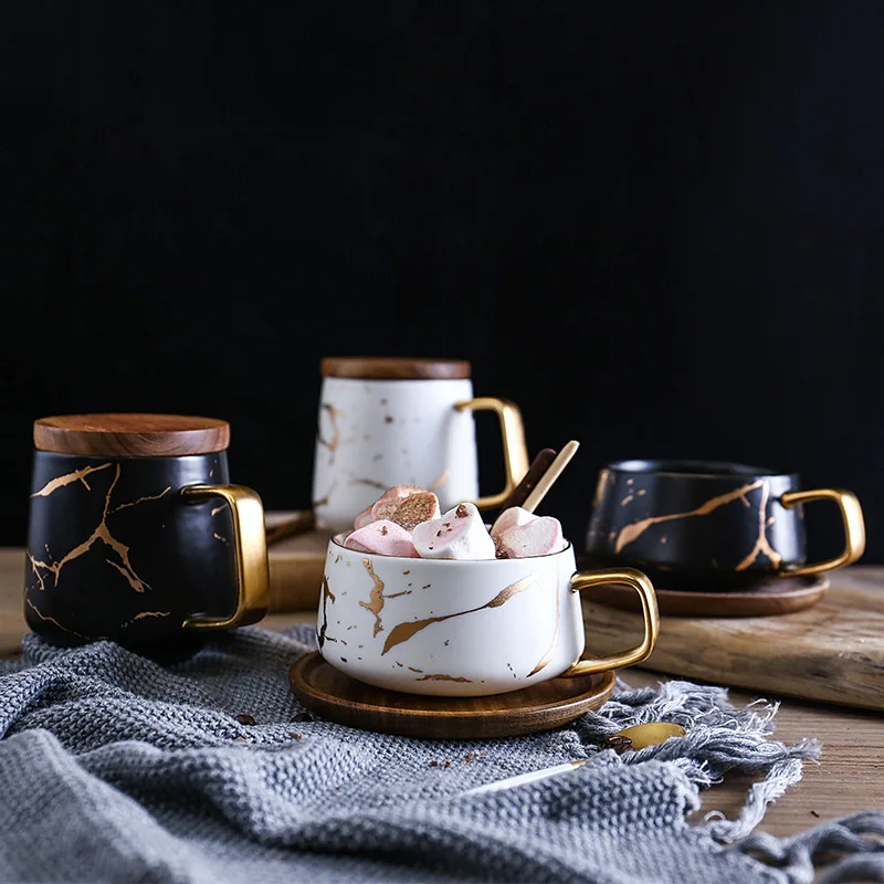 Tasse à café en céramique en marbre allowgold, tasses à thé japonaises en or noir et blanc avec tasses et soucoupes en bois. Tasse Phnom Penh, tasse