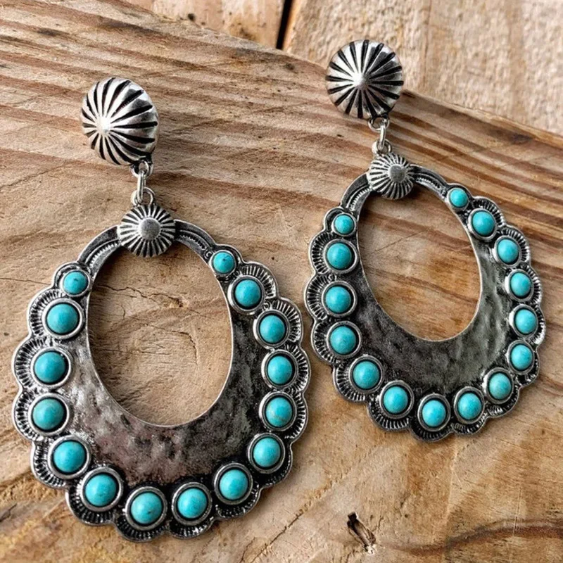 Boucles d'Oreilles Géométriques Turquoise, Grands Cerceaux, Style Boho Occidental, Artisan, Vente en Gros, 2021