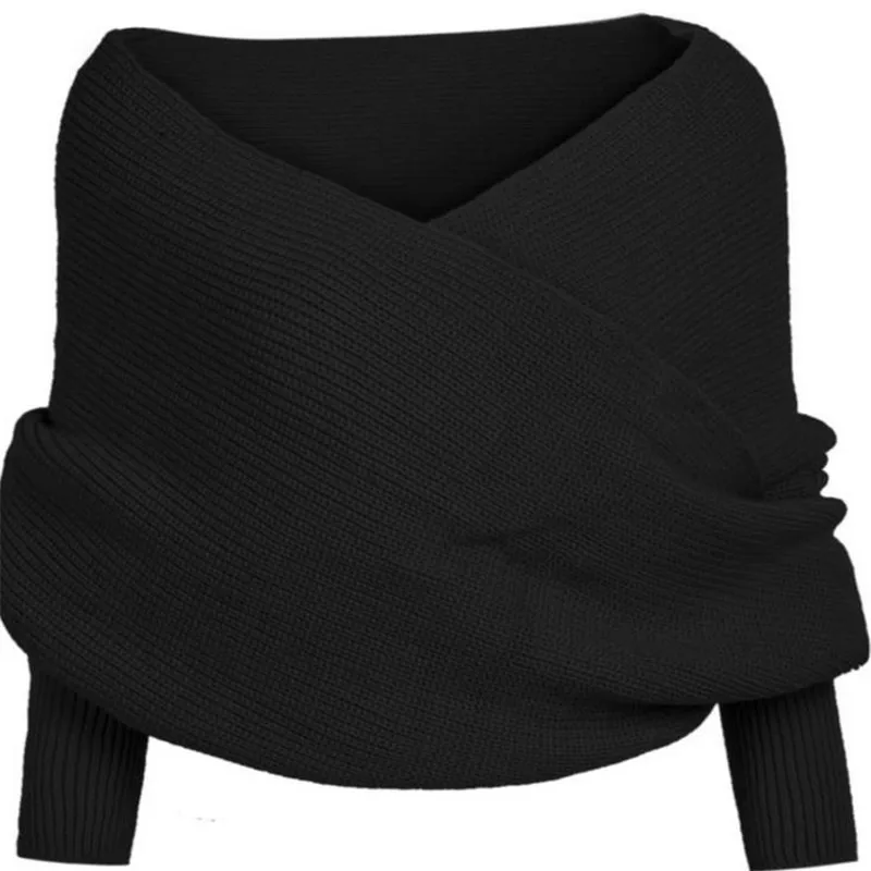 Модный женский свитер с открытыми плечами, укороченный вязаный свитер, женская зимняя шаль, высококачественный шерстяной шарф с рукавом, шарфы