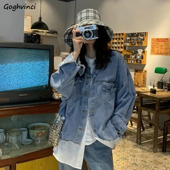 

Jackets Womens Denim Long Sleeve Trendy Basic Jacket Women Oversized Pockets Korean Style Outerwear Vintage Casual Retro Simple