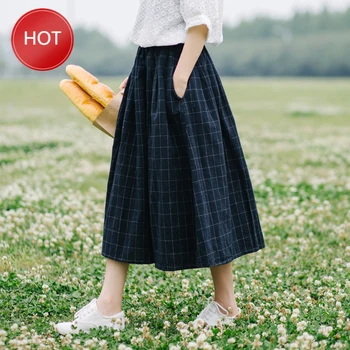 

loose A-Line skirt mori girl spring Retro plaid pocket Elastic waist pocket
