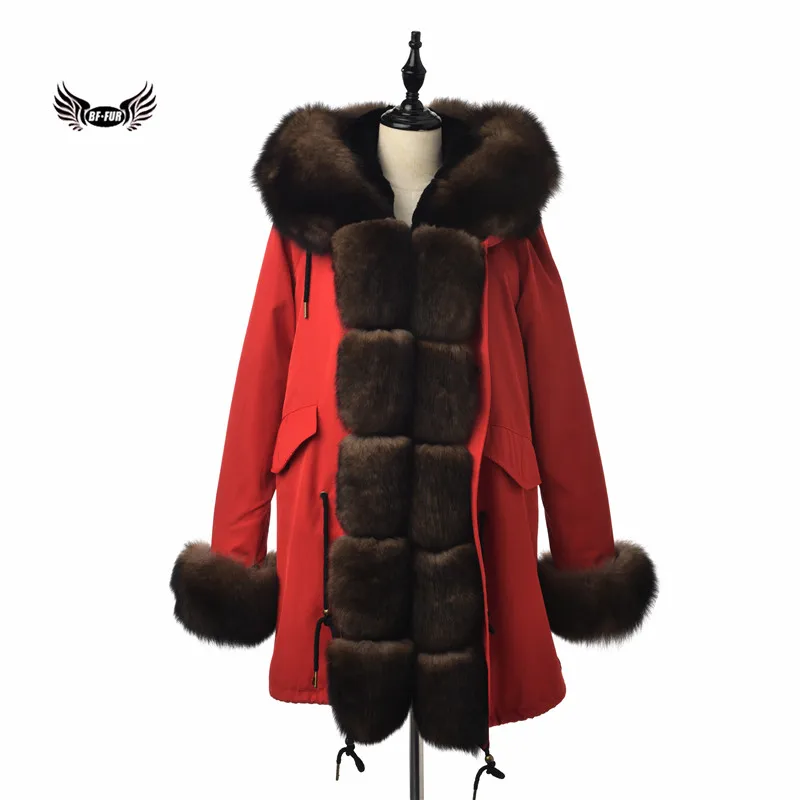 BFFUR, пальто из натурального меха, Воротник из натурального Лисьего меха, цвет Соболь, парка из натурального меха с манжетами, женская красная зимняя длинная куртка, парка с мехом
