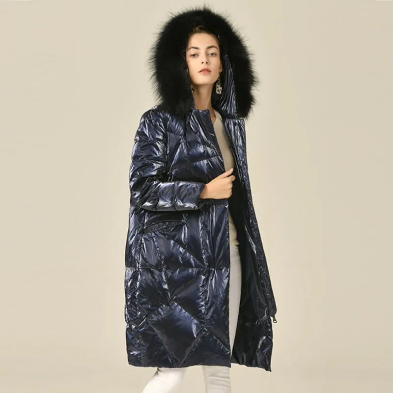  Shuchan Down Jacket Woman Hooded 90% White Goose Down Womens Down Coats with Real Fox Fur Reflectiv