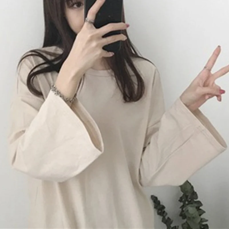 Women Casual Solid Color Bottoming T-shirt Spring Fall New Simple Ladies Long Sleeve Round Collar Tops | Женская одежда