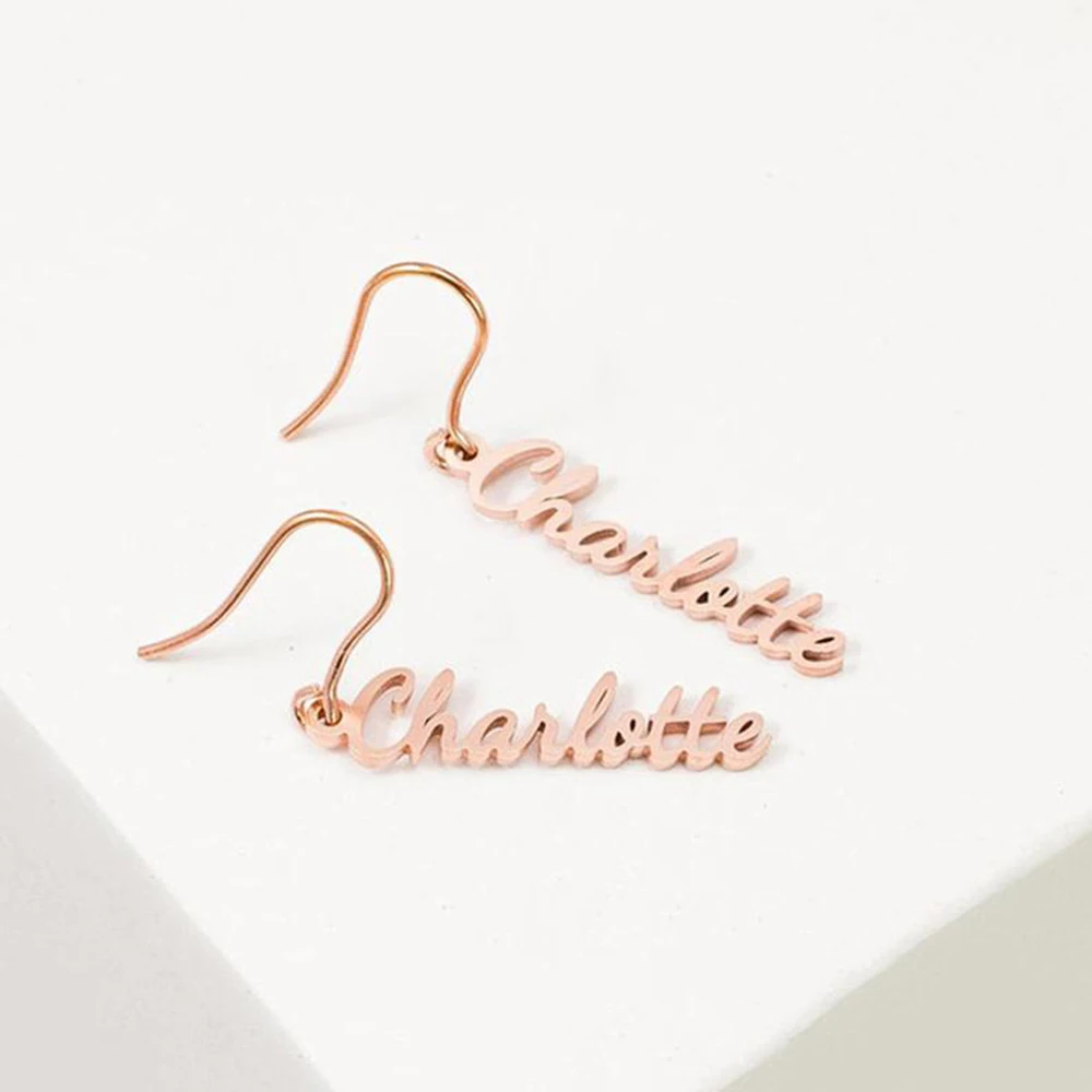 HUHUI Customized Vertical Name Earrings For Women Stainless Steel Sideway Nameplate Letter Personalized Jewelry Gift |