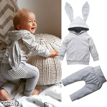 

Baby Girls Clothes Infant Baby boys Long Sleeve Rabbite Ear Stripe Hooded Tops Solid Pants Outfits Winter Newborn Clothes Suit