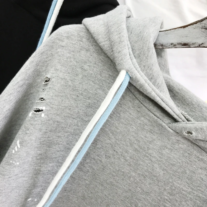 Loose Hoodie Woman Oversized Sweatshirt Autumn Holes Pullovers Long Sleeve Denim Coat Girls Student Loose Streetwear Femme