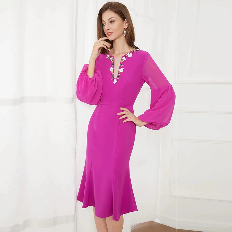 

MIUXIMAO 2021 New Autumn Women's Clothing V-Neck Flare Sleeve Slim Waist Fishtaili Dress Elegant Fashion Office Style