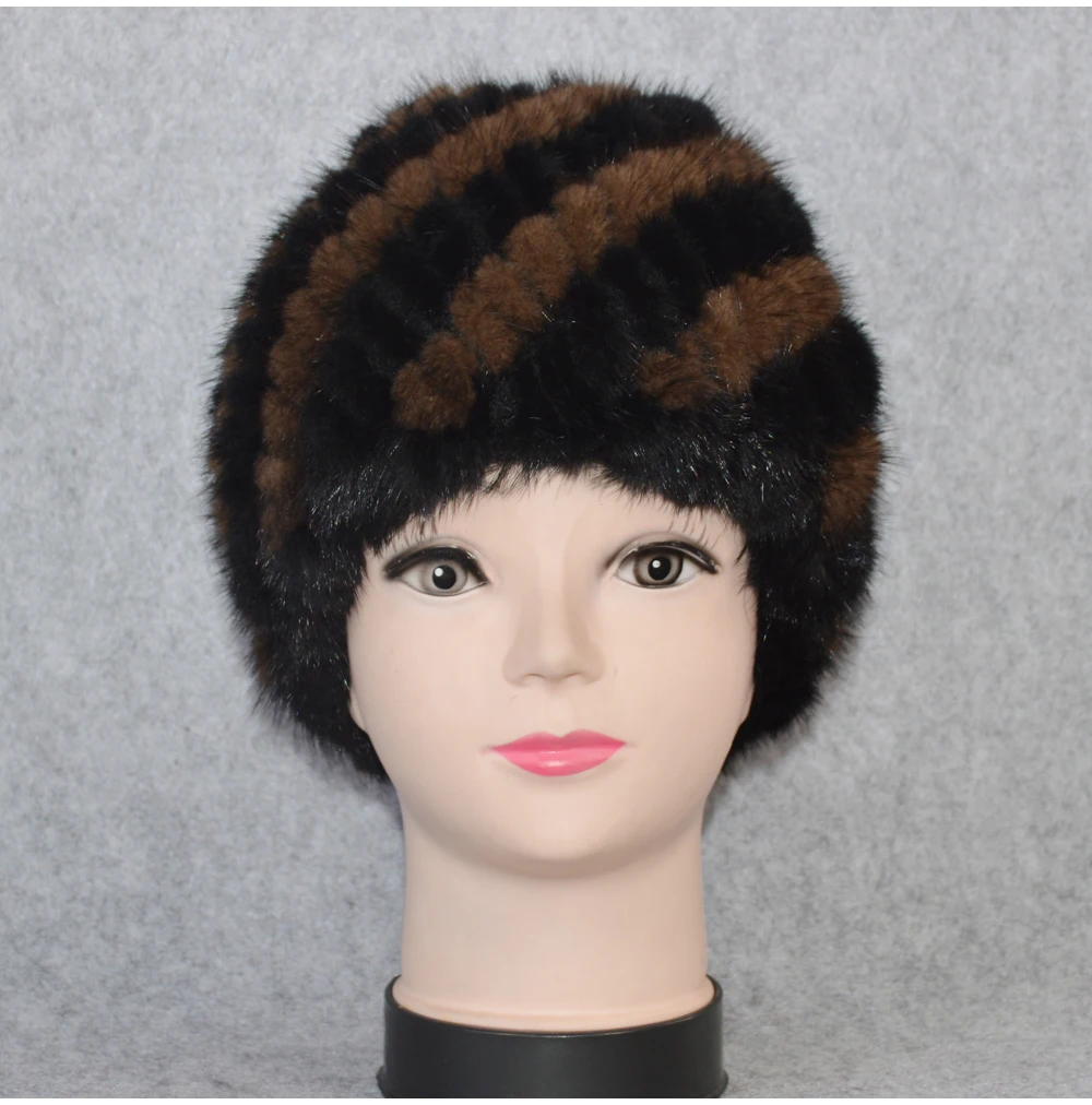 Cotton Lining Winter Lovely Real Mink Fur Hat Women Good Elastic Knitted Real Natural Mink Fur Beanies Caps Real Mink Fur Cap