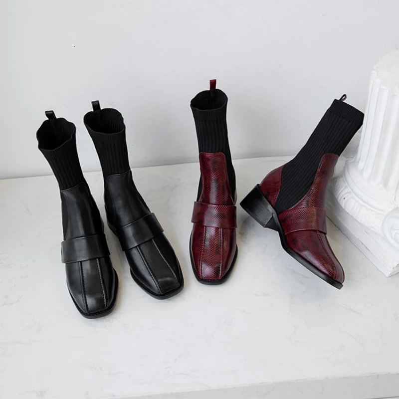 [DEAT] Square Toe Mixed Colors Casual Pu Leather Velvet Shoes Women Short Boots New Autumn Winter Fashion Tide 10E660