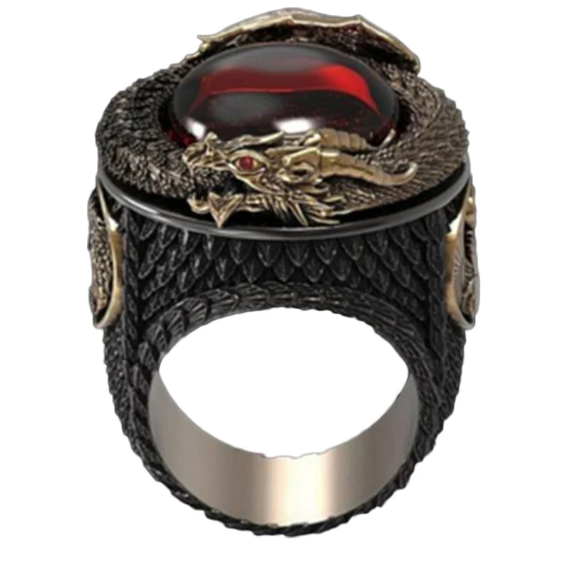 Vintage Creative Black Gold Dragon Scale Men Rings Fashion Ruby Yellow Gold Dragon Party Punk Jewelry Rings For Men