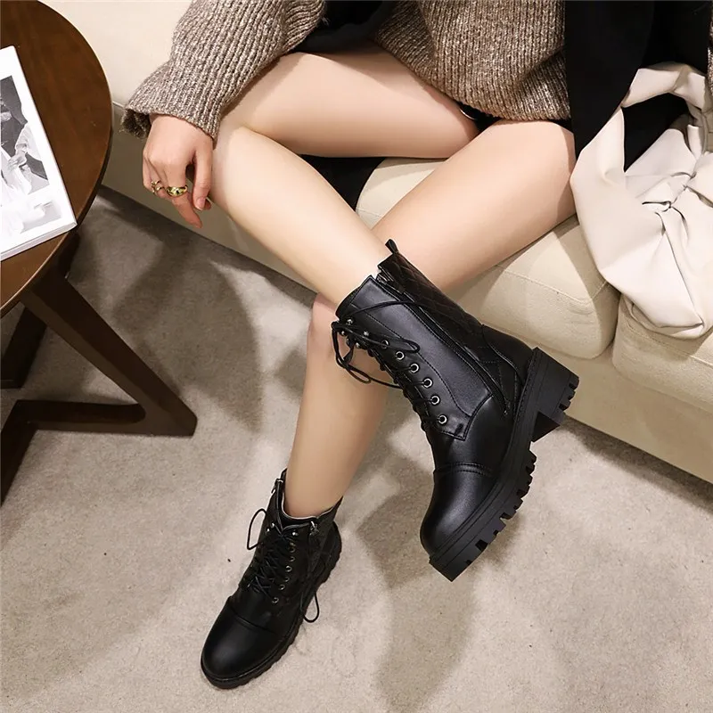 

YMECHIC on Sale Large Size 34-43 Woman Lace Autumn Winter Ankle Boots Womens Ladies Chunky Heel Platform Black Shoes Causal New