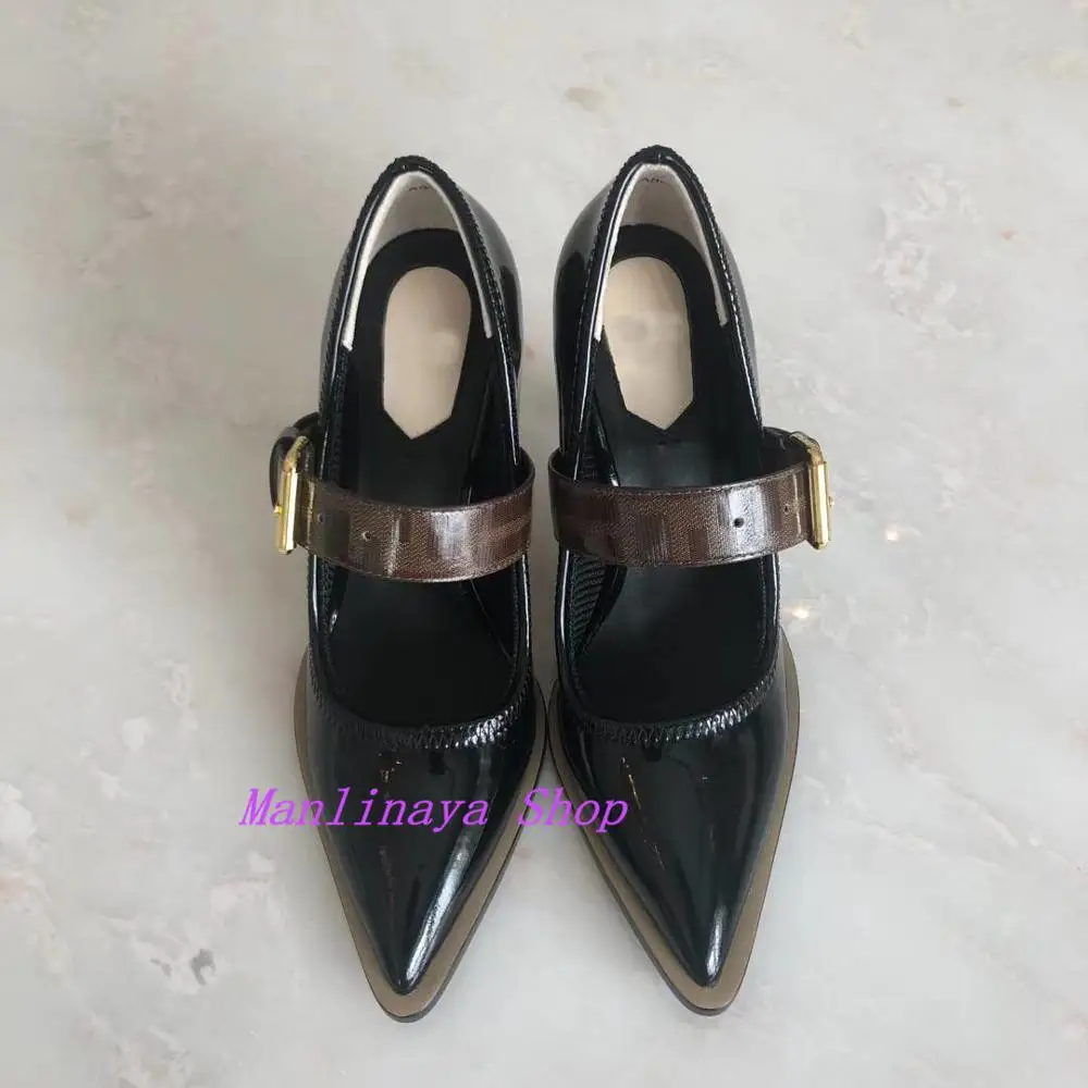 Роскошные фирменные дизайнерские коричневые женские туфли-лодочки со съемным ремешком и пряжкой женская обувь с острым носком на каблуке в деревянную полоску Женская обувь для подиума mary janes