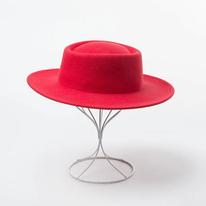 Осенне-зимняя новая шерстяная шляпа с плоским верхом, модные шерстяные шапки для женщин, мужская шляпа Федора, мягкая фетровая шляпа с широкими полями, фетровая шляпа - Цвет: red