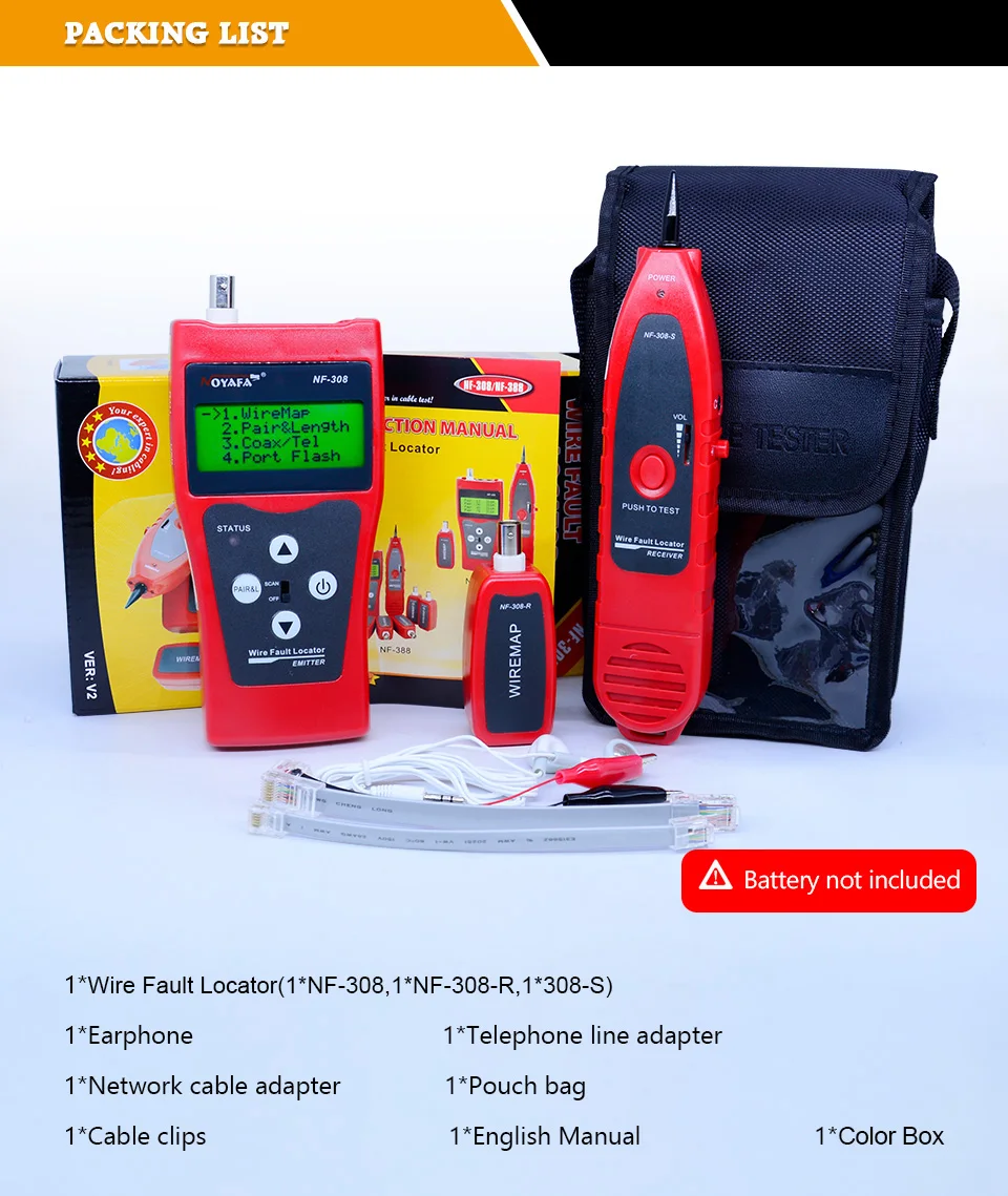 Unique Network monitoring cable tester LCD NF-308 Wire Fault Locator LAN Network Coacial BNC USB RJ45  RJ11 red color NF_308 line toner tracer