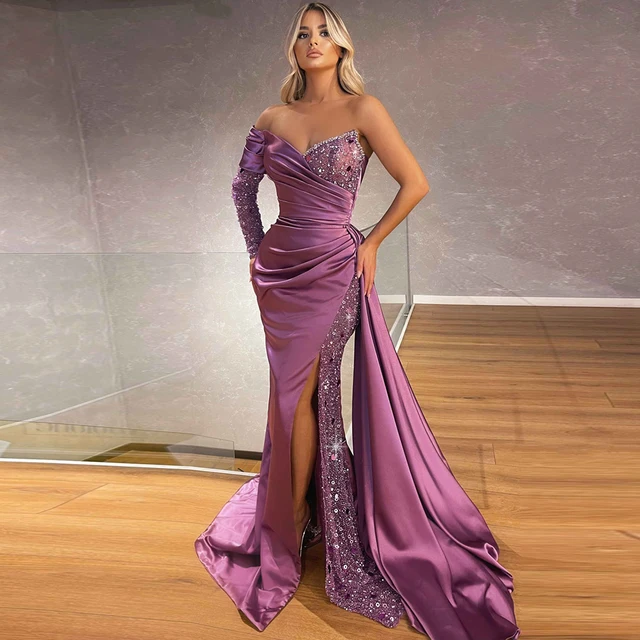 Purple Evening Dresses 2022 Women Sweetheart One-Shoulder Long Sleeves Evening Gowns Women Satin Mermaid Side Split Party Dress 4