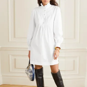 

Women Mini Dress Ruffled Long Sleeve New 2020 Summer Casual White Solid Color French Style Robes Ladies Office
