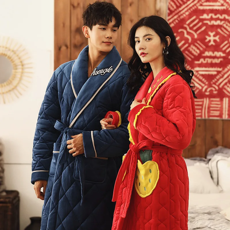 2019 New Young Men Women Winter Bathrobe Thick Warm Plus Velvet Cotton Robe Letters Strawberry Embroidery Home Dressing Gown