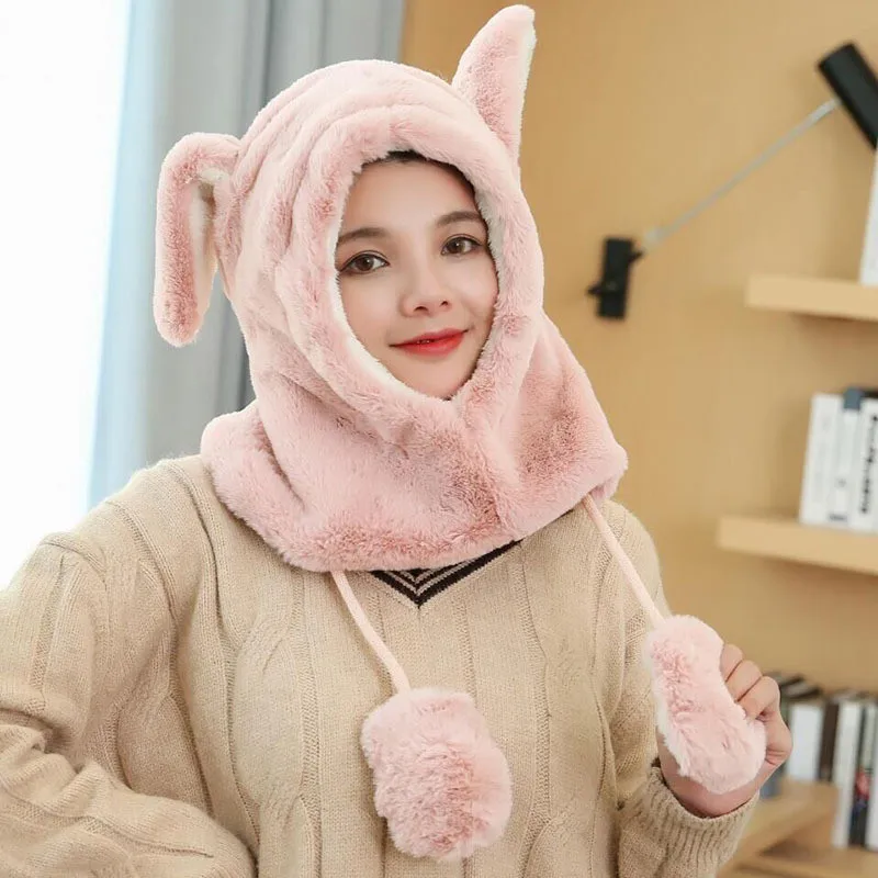 Light Pink Шапка из кроличьего меха, толстая теплая женская зимняя шапка, женская вязаная шапка с ушками, женская меховая Кепка с помпонами# P30 - Цвет: Light Pink