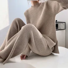Nowsaa koreański kobiety zestawy dwuczęściowe grube 2021 japonia spodnie wiosna jesień zima elegancki garnitur z dzianiny sweter dres tanie i dobre opinie Stałe CN (pochodzenie) Patchwork vintage Pełna długość Akrylowe Wiskoza z włókien syntetycznych 51 (włącznie)-70 (włącznie)