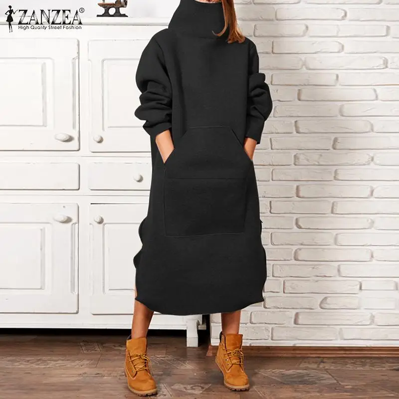 ZANZEA Women Turtleneck Dress Plus Size Female Winter Long Sleeve Mid Calf Dresses Casual Pullover Vestidos Side Pockets Robe ZANZEA Women Turtleneck Dress Plus Size Female Winter Long Sleeve Mid Calf Dresses Casual Pullover Vestidos Side Pockets Robe