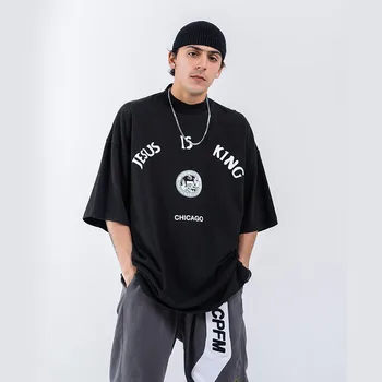 

Male High Street Oversize Couple Tees Shirts Men Half Turtleneck Streetwear Hip Hop Loose Short Sleeve T Shirt