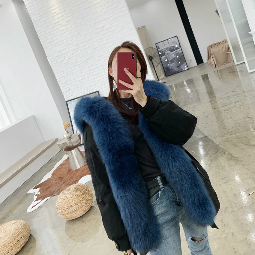 black blue OFTBUY настоящая меховая парка зимняя куртка для женщин из натурального меха лисы енота пальто подкладка из кролика Толстая теплая верхняя одежда Уличная Роскошная - Цвет: black blue