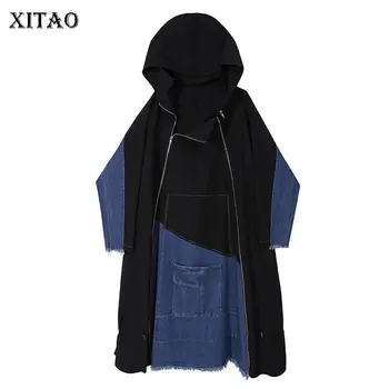 

XITAO Patchwork Pocket Zipper Denim Dress Women 2020 Autumn Casual Fashion New Style Temperament Hooded Collar Dress XJ3182