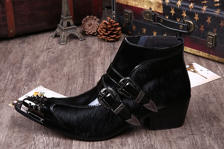 Christia Bella British Style Male Buckle Real Leather Party Short Boots Motorcycle Men's Rivet Pointed Toe Black Heighten Boots