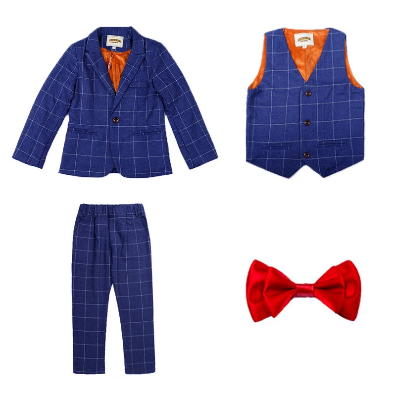 Blue 4PCS Торжественные школьные костюмы с цветочным принтом для мальчиков, блейзер в клетку для мальчиков, костюм из 4 предметов+ жилет+ штаны+ галстук, смокинг, Детские вечерние платья для выпускного вечера, комплект одежды - Цвет: Blue 4PCS