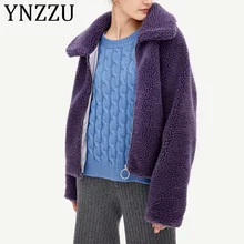 YNZZU осенне-зимнее фиолетовое элегантное пальто из искусственного меха женская теплая мягкая, из овечьи шерсти Меховая куртка женская верхняя одежда с карманом Тедди A1206