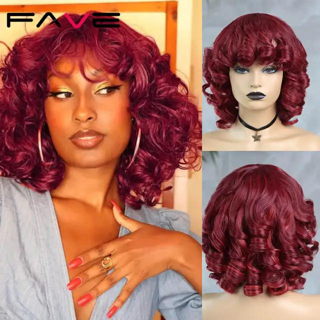 FAVE Afro Kinky Curly Wig With Bangs Black Red Synthetic Hair Shoulder LengthHeat Resistant Fiber For Africa America Black Women red