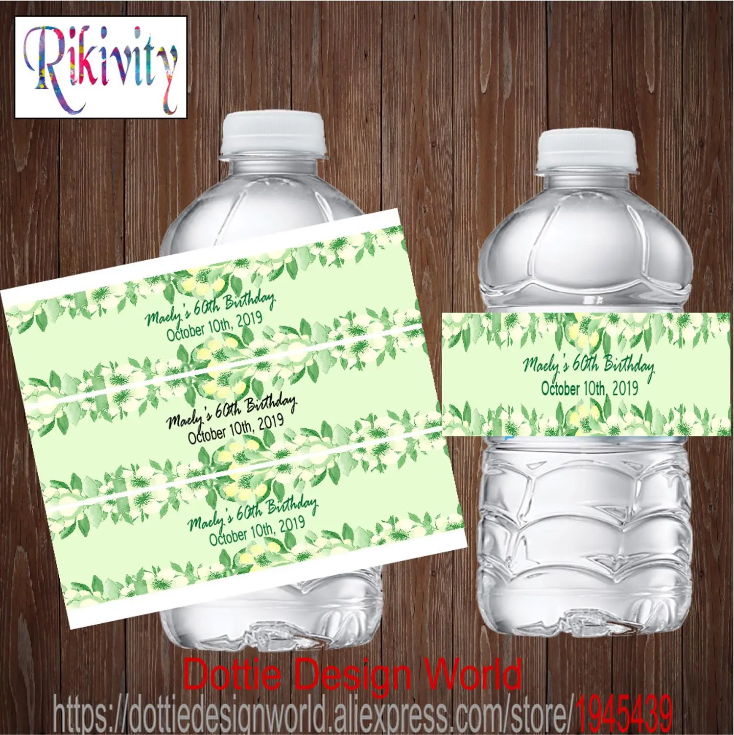 Персонализированные свадебные этикетки для бутылок с водой зелеными листьями