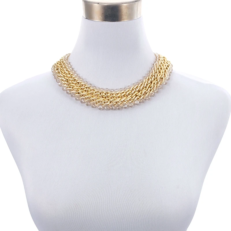 Statement Women Men Punk Trendy Gemstone Clear Glass Beads Crystal Beaded Collar Metal Chain Choker Necklace Fashion Jewelry