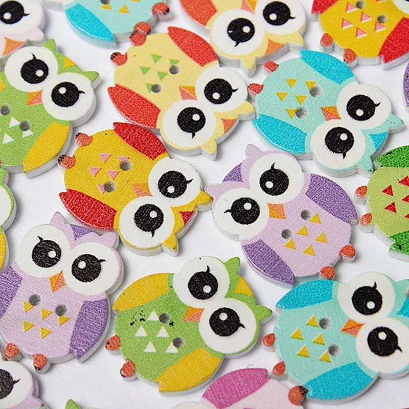 100Pcs Lovely Owl Animal Wooden Button Sewing Scrapbooking DIY Craft 2 Holes Mixed Color