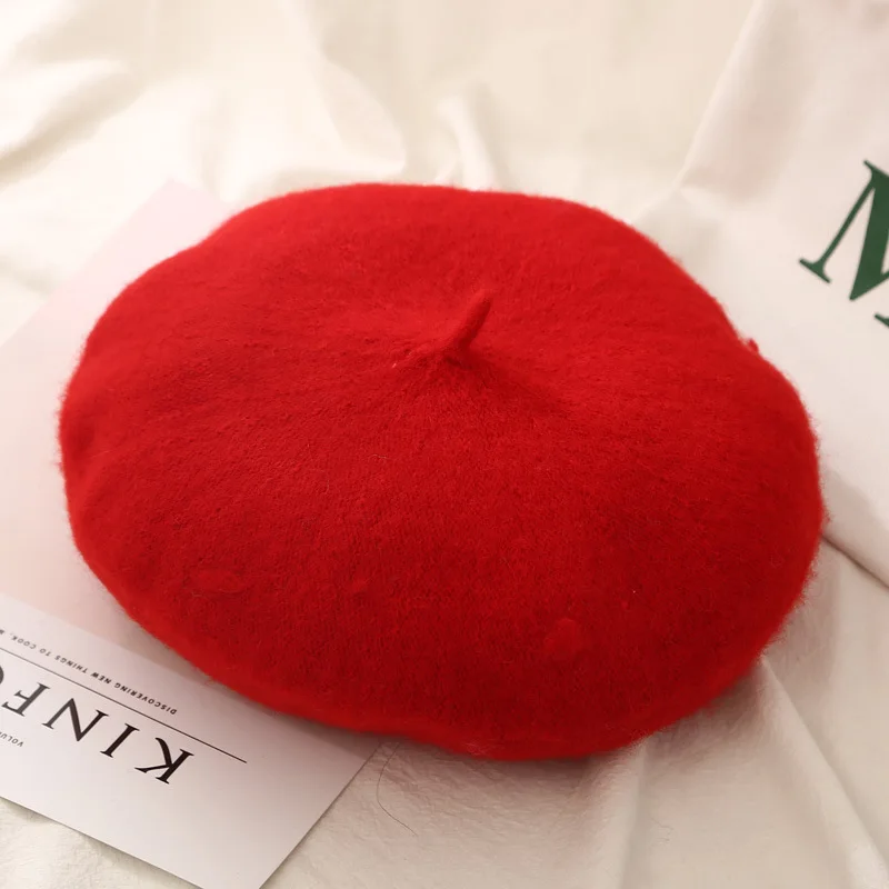 Новая шерстяная зимняя шапка для Чепчик для девочки, шапка s, теплый берет для прогулок,, все подходящие шапки, Женский однотонный берет - Цвет: Red