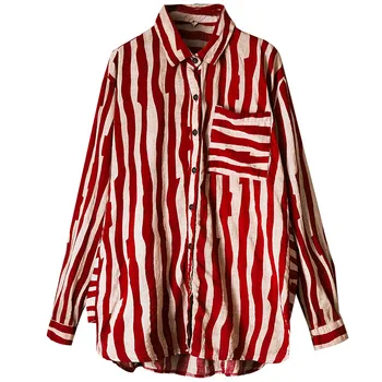 

Vintage Striped Women Shirts 2020 Summer New Long-Sleeved Pocket Loose Cotton Linen Lady Elegant Shirts Outwear Tops