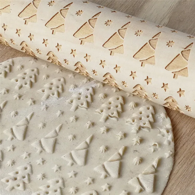 Biscuit Cake Rolling Pins Engraved Roller 35cm*4.3cm Christmas Embossing Wooden Xmas Tree Snowflake Cookies Baking