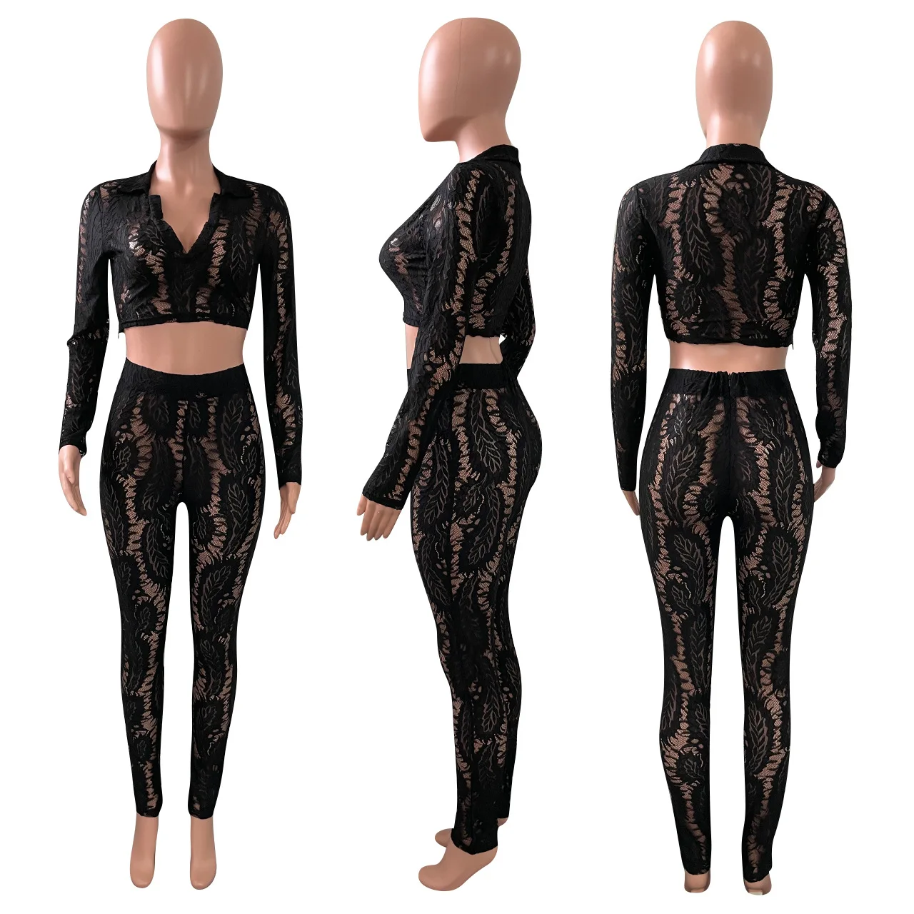 2021 Summer Womens Lace Sheer Two Piece Set Long Sleeve Crop Top