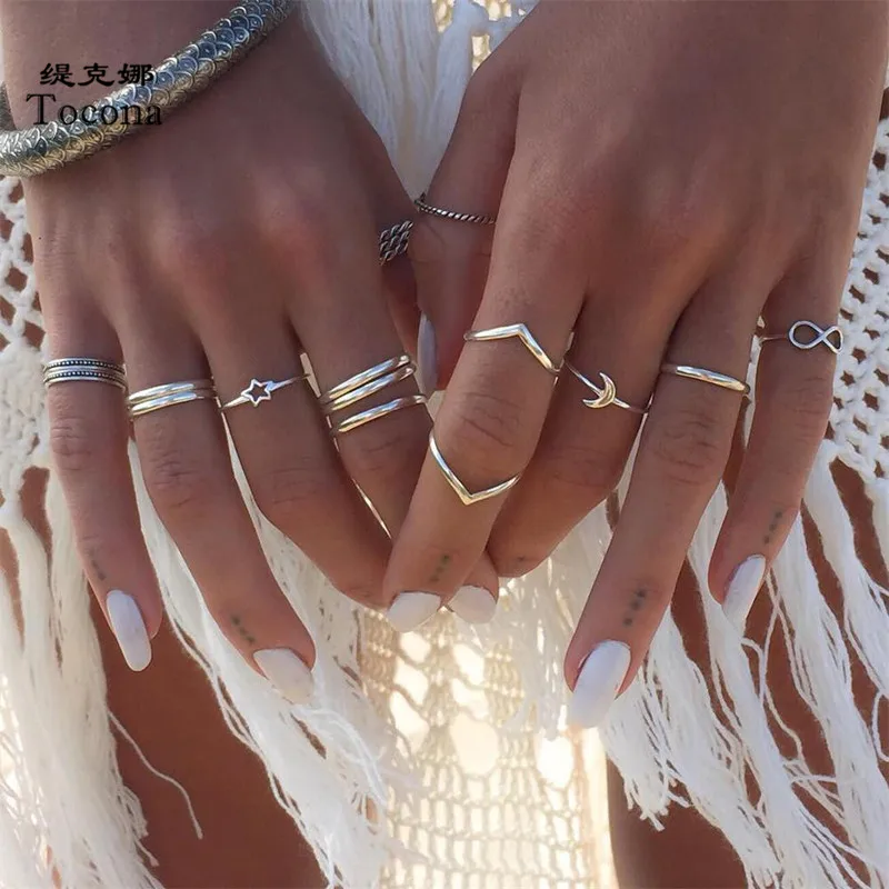 Compra Tocona 12 unids/set Vintage de Color plata Luna Anillo conjuntos para las mujeres de estilo Simple de la estrella geométrica accesorios de la joyería de Anillo 13304 y9VKM6BGd1D
