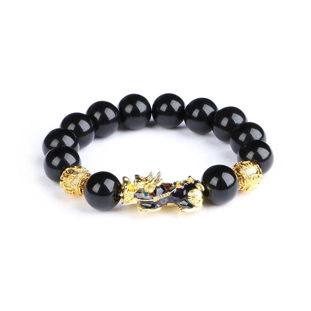 3 Black Beads Bracelet Gold-Plating Black Chain with Pi Xiu mascot Pendant Attract Good Luck Feng Shui Jewelry Gift - Окраска металла: 3