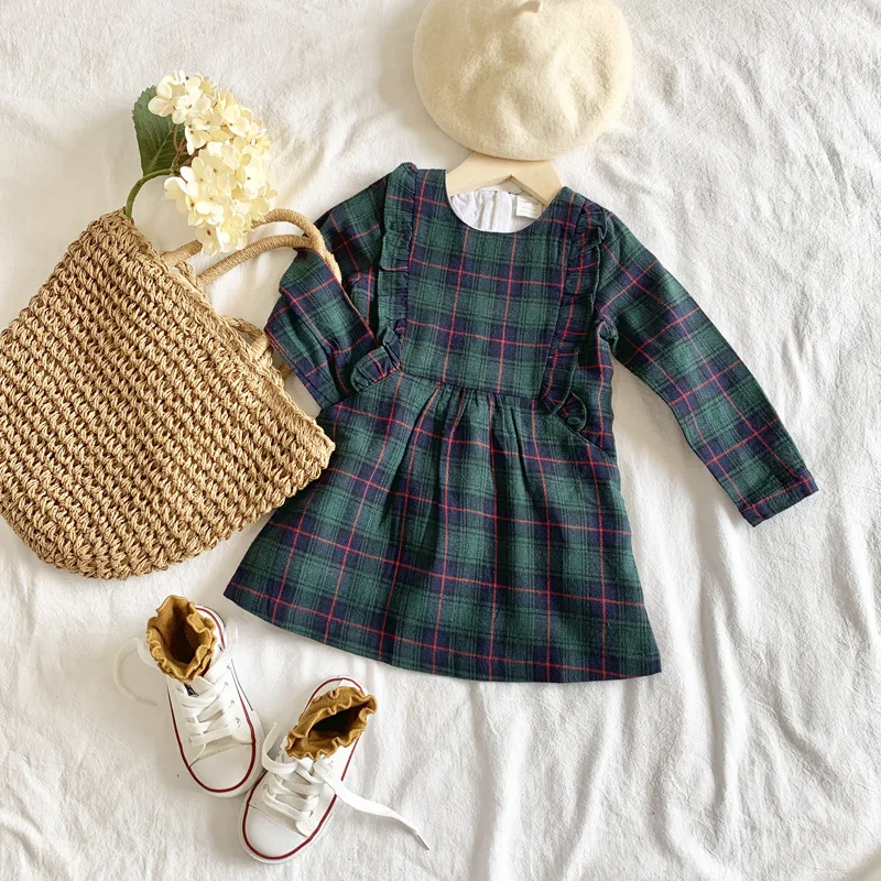 Green plaid Осеннее клетчатое платье для маленьких девочек повседневные милые для младенцев праздничные платья принцессы с оборками одежда с длинными рукавами и круглым воротником для маленьких девочек - Цвет: Green plaid