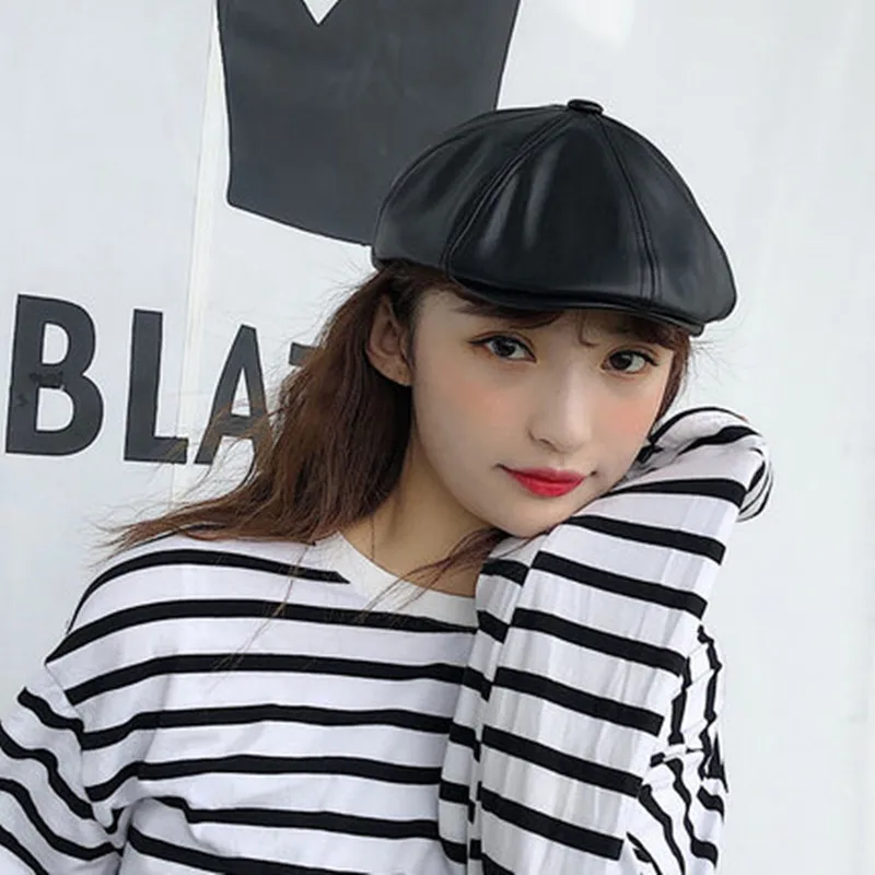 

Korean PU hat female Japanese retro Beret Hat summer thin breathable painter hat 100 sets soft sister octagonal hat tide