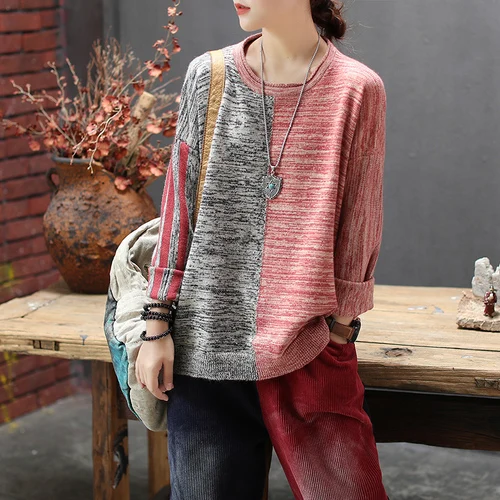 Pink sweaters Модные женские свободные осенние и зимние вязаные свитера, топы в темную полоску, круглый воротник свободного размера плюс, Женский винтажный свитер Z4 - Цвет: Pink sweaters