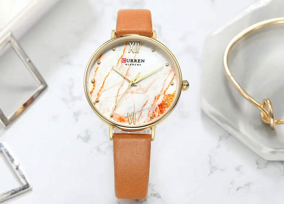 Новинка, женские часы, оранжевая кожа, роскошный бренд, Reloj Mujer Zegarek Damski, водонепроницаемые, женские, CURREN, деловые часы, Montre Femme