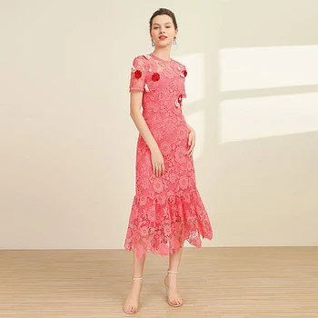 

Long Dress Runway High Quality New Women'S Fashion Party Casual Vintage Elegant Chic gentlewoman Lace Hollow Out Dresses