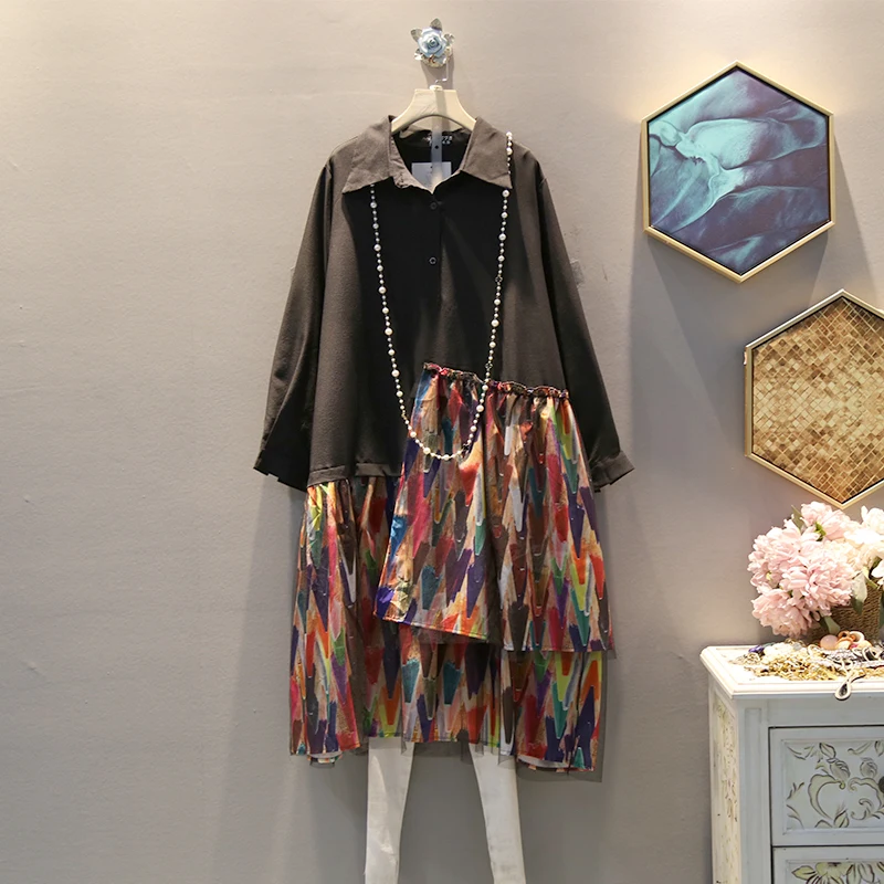 

[EWQ] 2019 Spring Autumn New Pattern Lapel Long Sleeve Asymmetrical Print Casual Loose Long Dress Women Fashion Tide AH21801